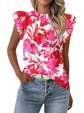 Women's White Red Floral Trim Neck Casual Short Sleeve Summer Tops